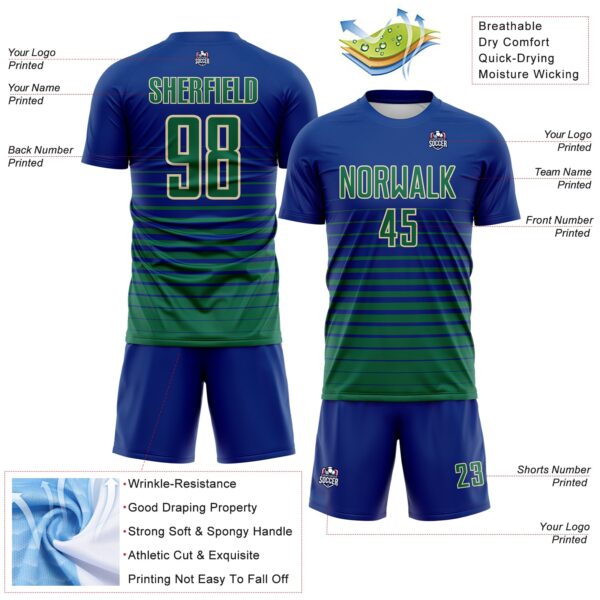 Custom Royal Kelly Green-Cream Gradient Pinstripe Sublimation Soccer Uniform Jersey