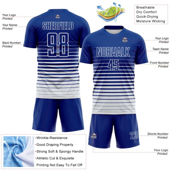 Custom Royal White Gradient Pinstripe Sublimation Soccer Uniform Jersey