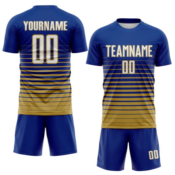 Custom Royal White-Old Gold Gradient Pinstripe Sublimation Soccer Uniform Jersey