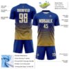 Custom Royal White-Old Gold Gradient Pinstripe Sublimation Soccer Uniform Jersey