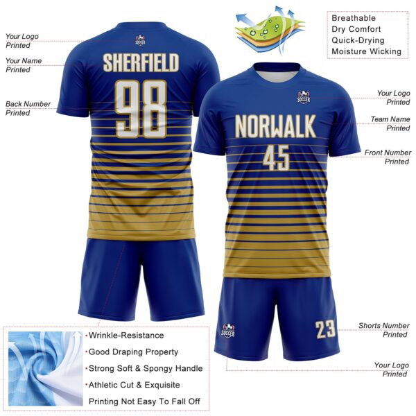 Custom Royal White-Old Gold Gradient Pinstripe Sublimation Soccer Uniform Jersey