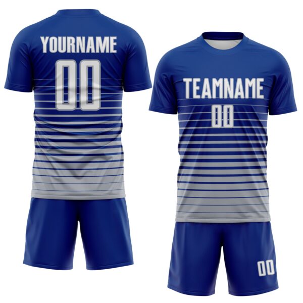 Custom Royal White-Gray Gradient Pinstripe Sublimation Soccer Uniform Jersey