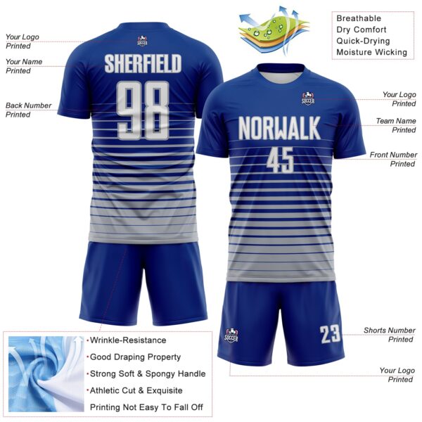 Custom Royal White-Gray Gradient Pinstripe Sublimation Soccer Uniform Jersey