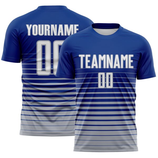 Custom Royal White-Gray Gradient Pinstripe Sublimation Soccer Uniform Jersey