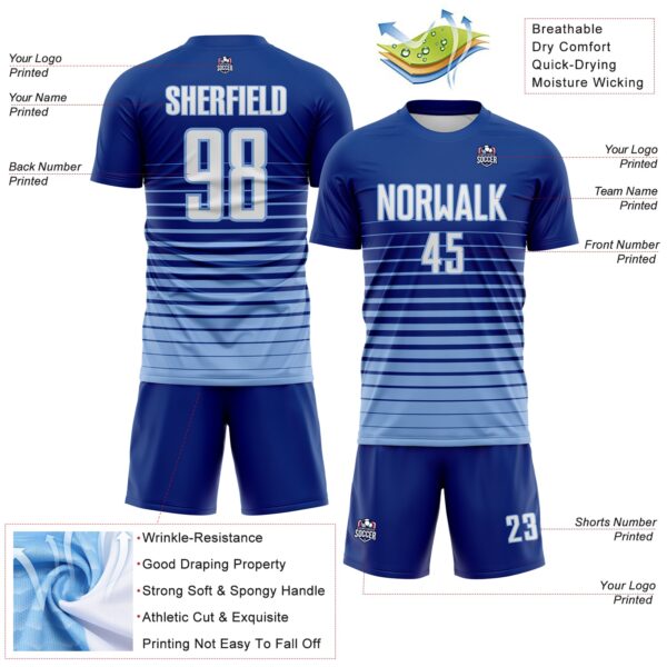 Custom Royal White-Light Blue Gradient Pinstripe Sublimation Soccer Uniform Jersey