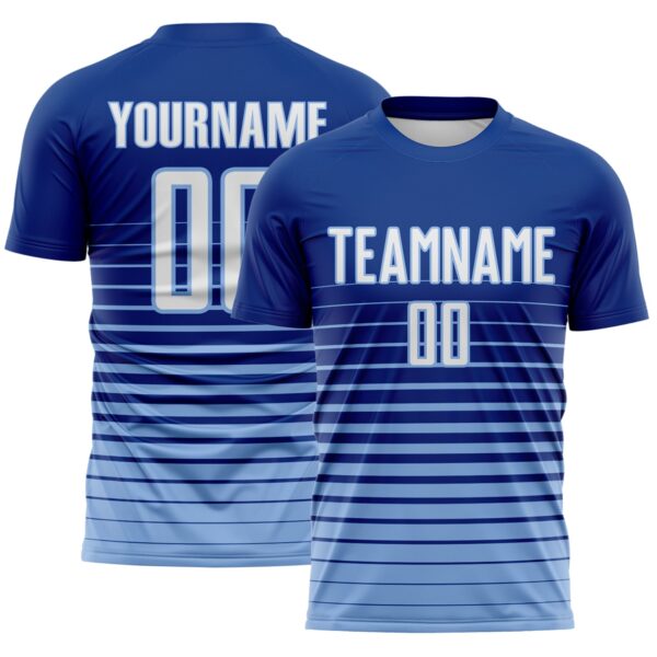 Custom Royal White-Light Blue Gradient Pinstripe Sublimation Soccer Uniform Jersey