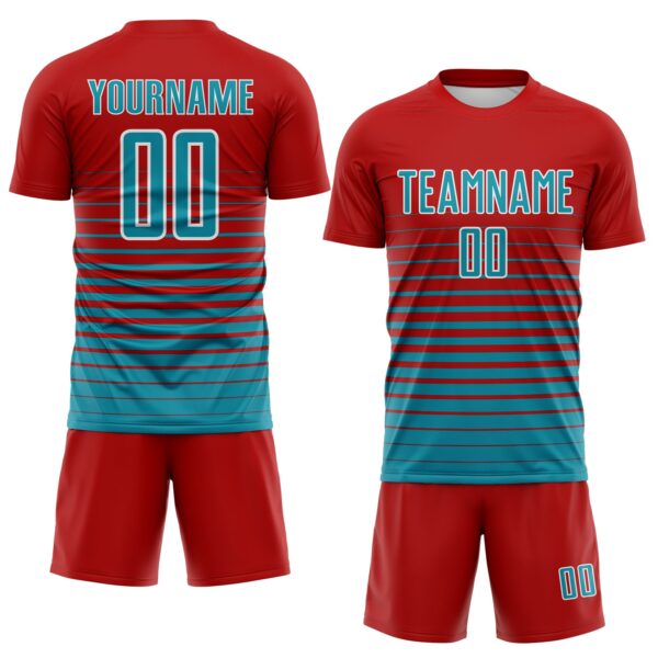 Custom Red Teal-White Gradient Pinstripe Sublimation Soccer Uniform Jersey