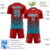 Custom Red Teal-White Gradient Pinstripe Sublimation Soccer Uniform Jersey