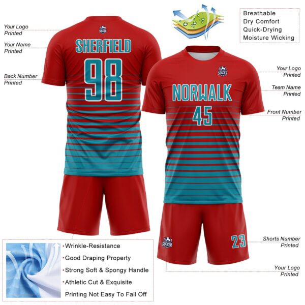 Custom Red Teal-White Gradient Pinstripe Sublimation Soccer Uniform Jersey