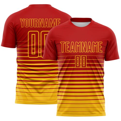 Custom Red Yellow Gradient Pinstripe Sublimation Soccer Uniform Jersey