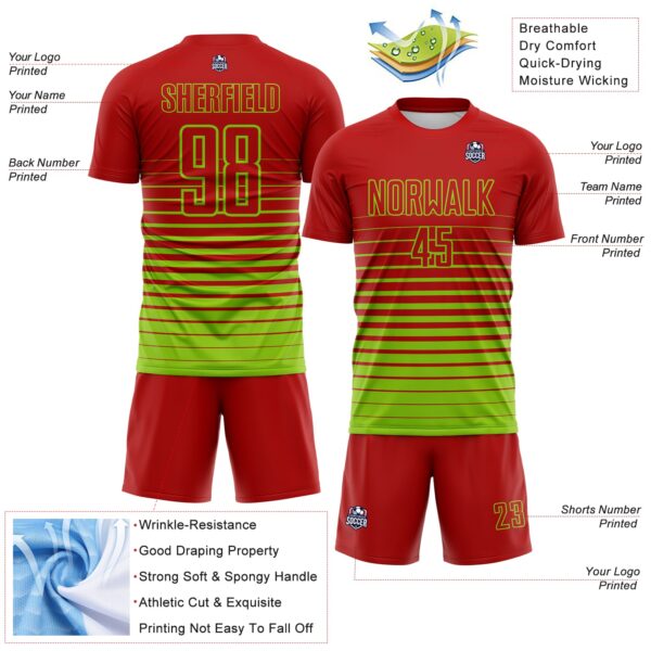 Custom Red Neon Green Gradient Pinstripe Sublimation Soccer Uniform Jersey