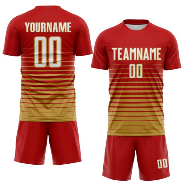 Custom Red White-Old Gold Gradient Pinstripe Sublimation Soccer Uniform Jersey