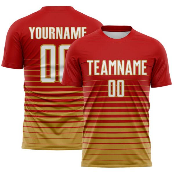Custom Red White-Old Gold Gradient Pinstripe Sublimation Soccer Uniform Jersey
