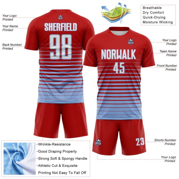 Custom Red White-Light Blue Gradient Pinstripe Sublimation Soccer Uniform Jersey