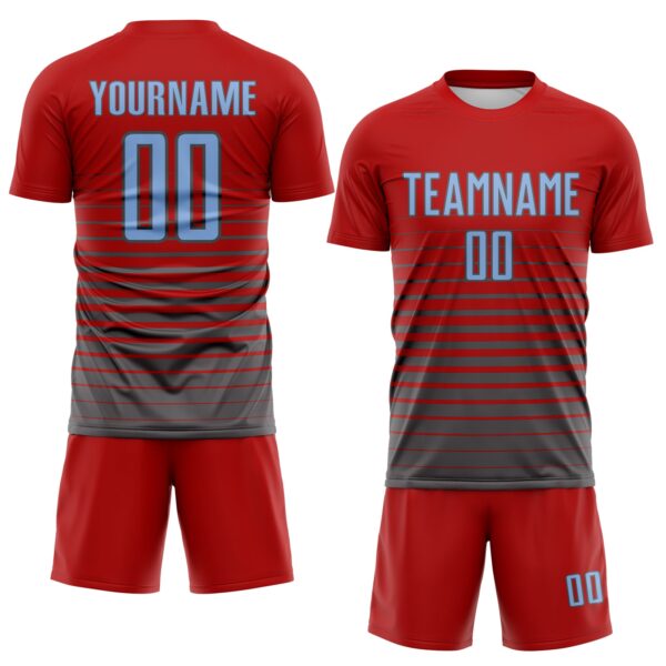 Custom Red Light Blue-Steel Gray Gradient Pinstripe Sublimation Soccer Uniform Jersey