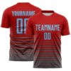 Custom Red Light Blue-Steel Gray Gradient Pinstripe Sublimation Soccer Uniform Jersey