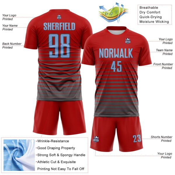Custom Red Light Blue-Steel Gray Gradient Pinstripe Sublimation Soccer Uniform Jersey