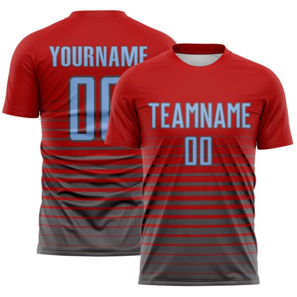 Custom Red Light Blue-Steel Gray Gradient Pinstripe Sublimation Soccer Uniform Jersey