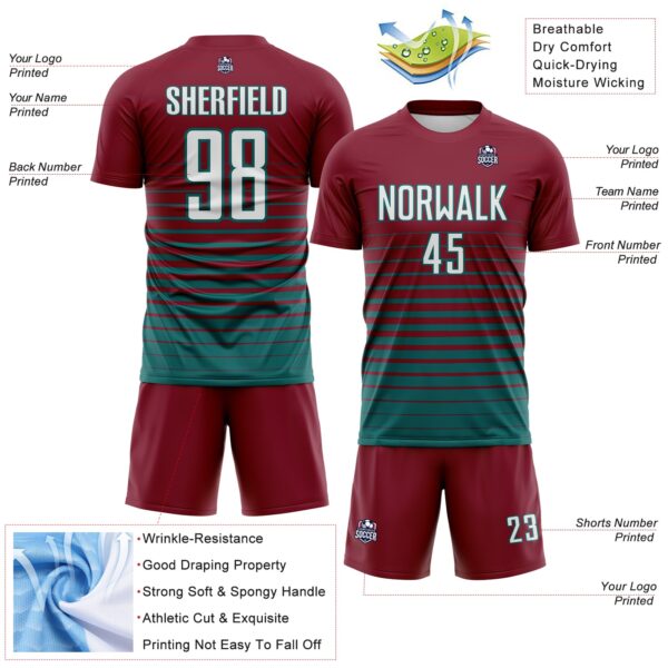 Custom Crimson White-Teal Gradient Pinstripe Sublimation Soccer Uniform Jersey