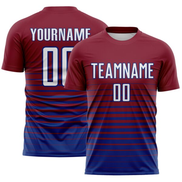 Custom Crimson White-Royal Gradient Pinstripe Sublimation Soccer Uniform Jersey
