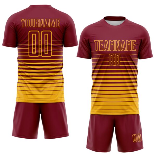 Custom Crimson Gold Gradient Pinstripe Sublimation Soccer Uniform Jersey
