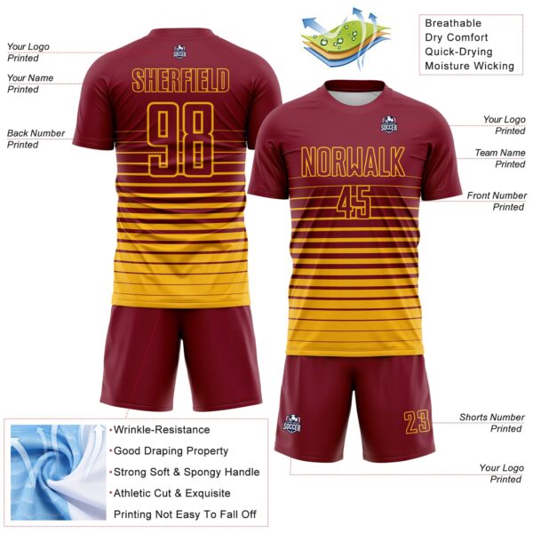 Custom Crimson Gold Gradient Pinstripe Sublimation Soccer Uniform Jersey