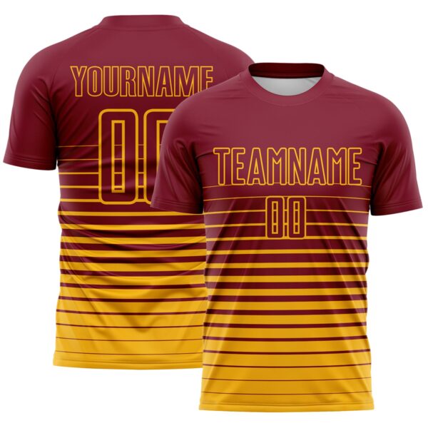 Custom Crimson Gold Gradient Pinstripe Sublimation Soccer Uniform Jersey