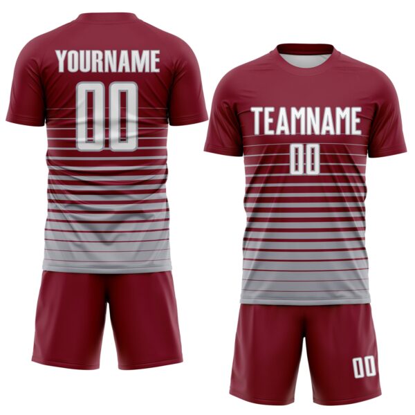 Custom Crimson White-Gray Gradient Pinstripe Sublimation Soccer Uniform Jersey