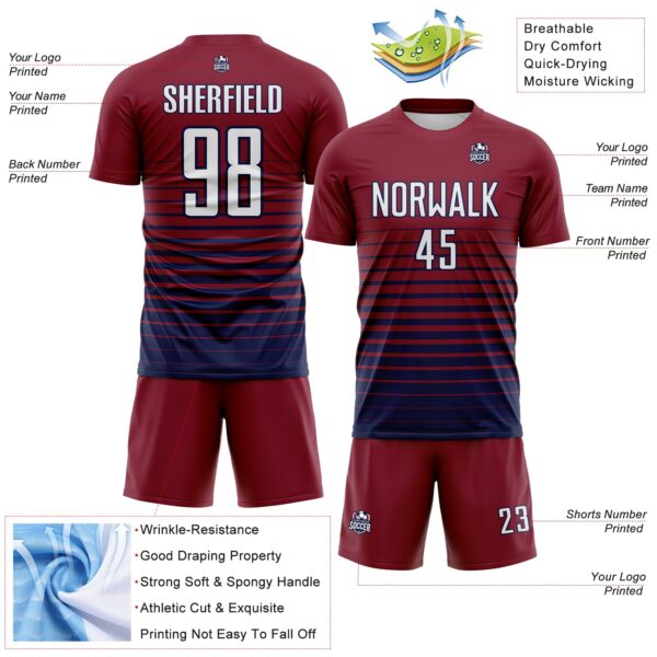 Custom Crimson White-Navy Gradient Pinstripe Sublimation Soccer Uniform Jersey