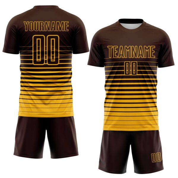 Custom Brown Gold Gradient Pinstripe Sublimation Soccer Uniform Jersey