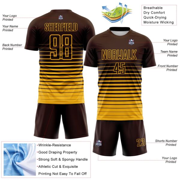 Custom Brown Gold Gradient Pinstripe Sublimation Soccer Uniform Jersey