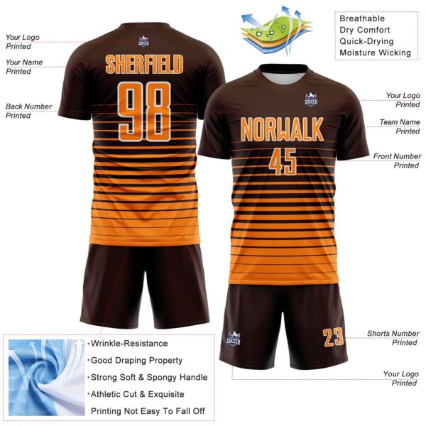 Custom Brown Bay Orange-White Gradient Pinstripe Sublimation Soccer Uniform Jersey