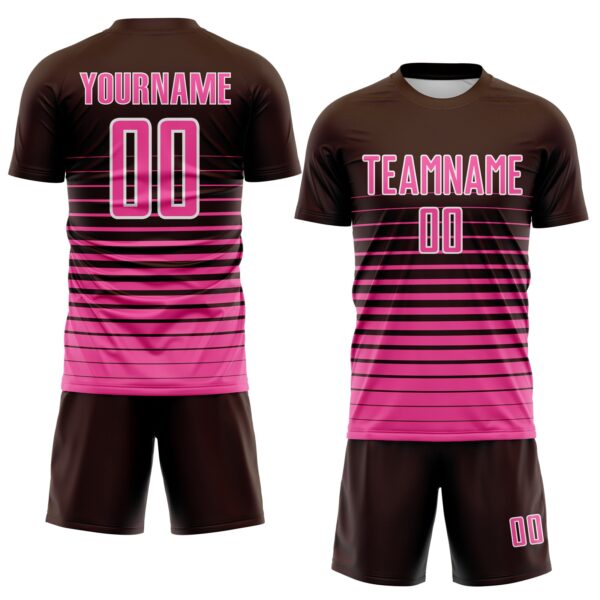 Custom Brown Pink-White Gradient Pinstripe Sublimation Soccer Uniform Jersey