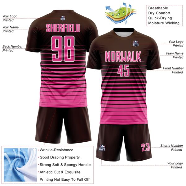 Custom Brown Pink-White Gradient Pinstripe Sublimation Soccer Uniform Jersey
