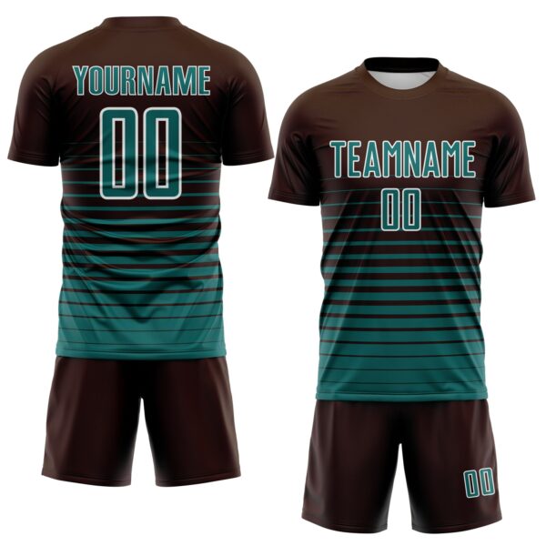 Custom Brown Teal-White Gradient Pinstripe Sublimation Soccer Uniform Jersey