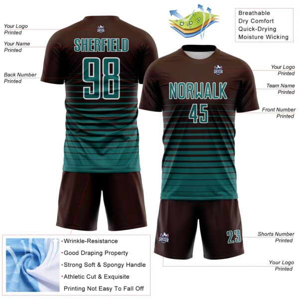 Custom Brown Teal-White Gradient Pinstripe Sublimation Soccer Uniform Jersey