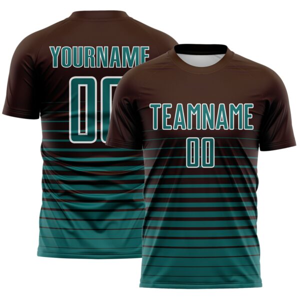 Custom Brown Teal-White Gradient Pinstripe Sublimation Soccer Uniform Jersey