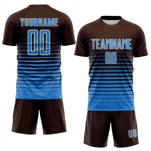 Custom Brown Powder Blue-Cream Gradient Pinstripe Sublimation Soccer Uniform Jersey