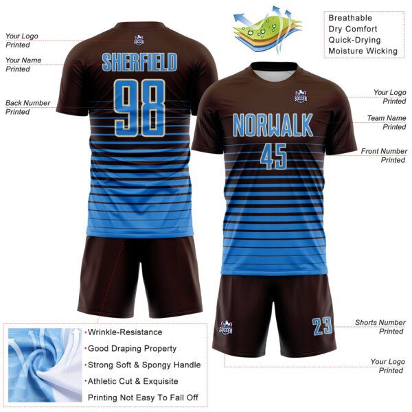 Custom Brown Powder Blue-Cream Gradient Pinstripe Sublimation Soccer Uniform Jersey