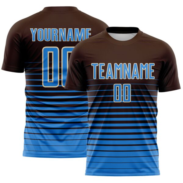 Custom Brown Powder Blue-Cream Gradient Pinstripe Sublimation Soccer Uniform Jersey