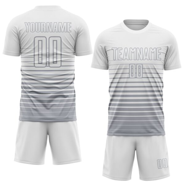 Custom White Gray Gradient Pinstripe Sublimation Soccer Uniform Jersey