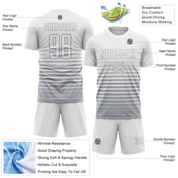 Custom White Gray Gradient Pinstripe Sublimation Soccer Uniform Jersey