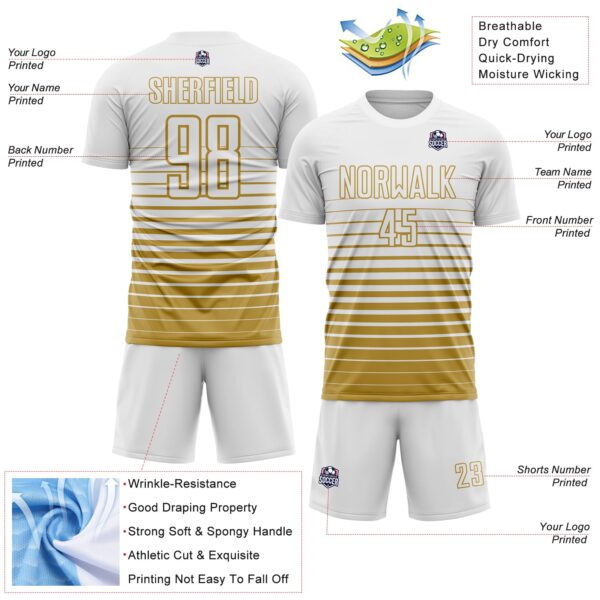 Custom White Old Gold Gradient Pinstripe Sublimation Soccer Uniform Jersey