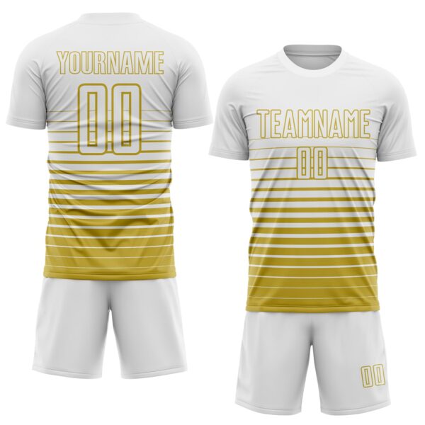 Custom White Old Gold Gradient Pinstripe Sublimation Soccer Uniform Jersey