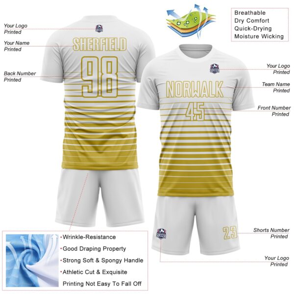 Custom White Old Gold Gradient Pinstripe Sublimation Soccer Uniform Jersey