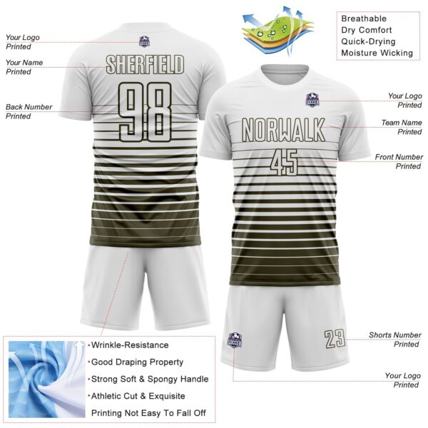 Custom White Olive Gradient Pinstripe Sublimation Soccer Uniform Jersey