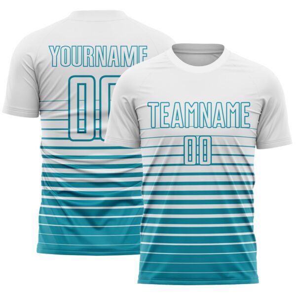 Custom White Teal Gradient Pinstripe Sublimation Soccer Uniform Jersey