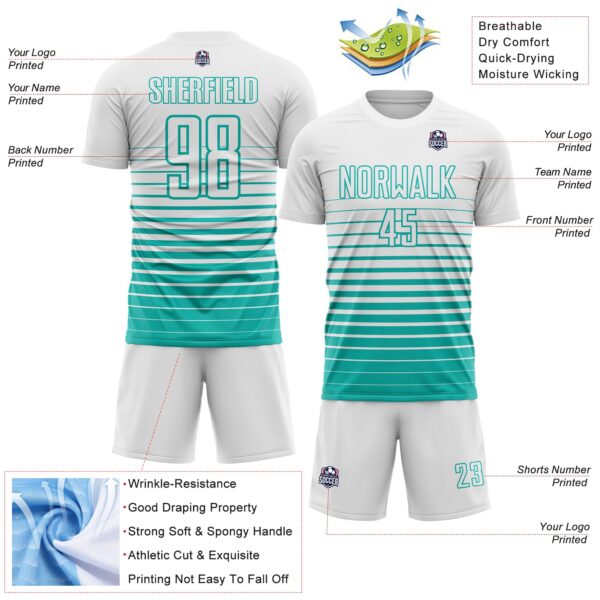 Custom White Aqua Gradient Pinstripe Sublimation Soccer Uniform Jersey