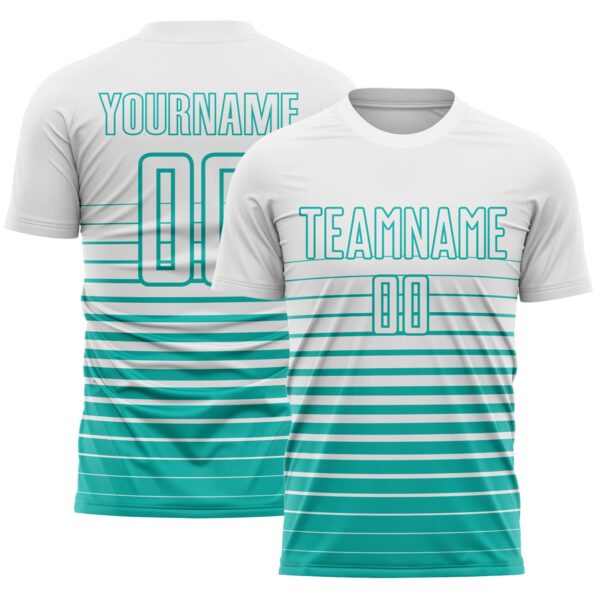 Custom White Aqua Gradient Pinstripe Sublimation Soccer Uniform Jersey