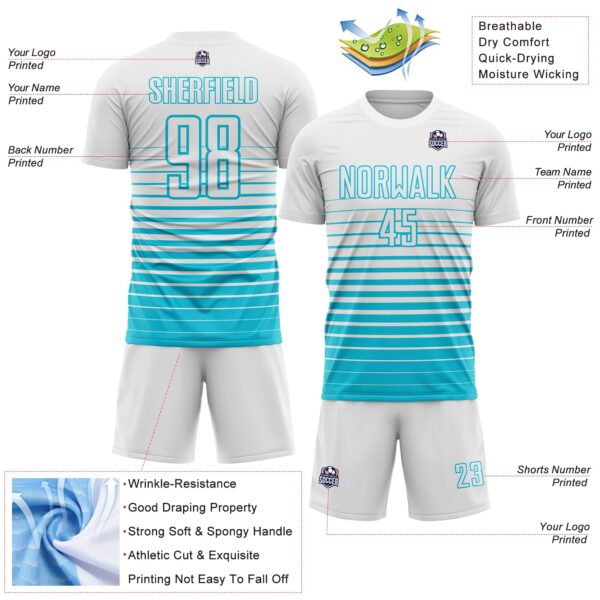 Custom White Lakes Blue Gradient Pinstripe Sublimation Soccer Uniform Jersey